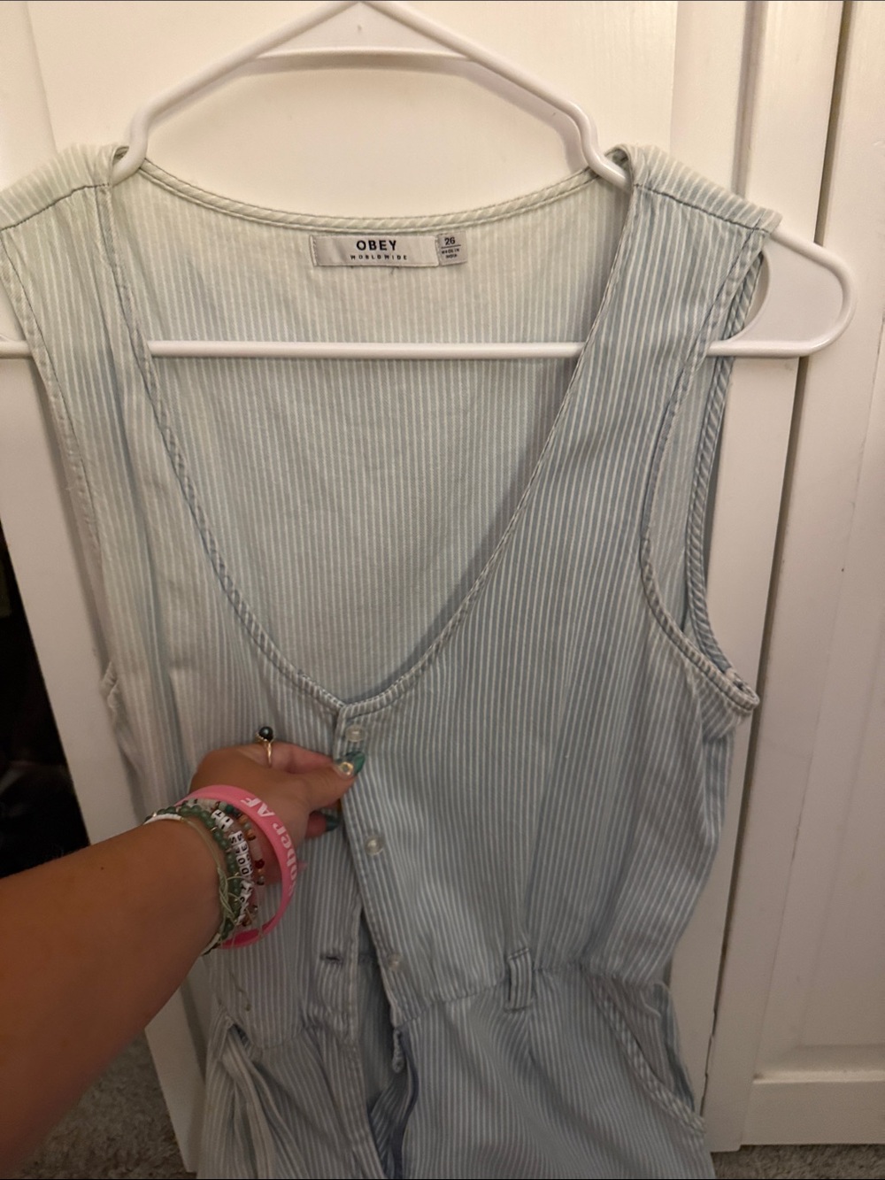 Obey Pale Blue Pinstripe Sleeveless Button Romper